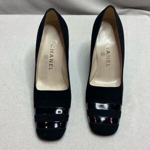 Chanel Black Suede Pumps with Chrome and patent leather details size 36 1/2
